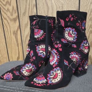 Loeffler Randall Isla Embroidered Suede Ankle Boot, Black/Floral